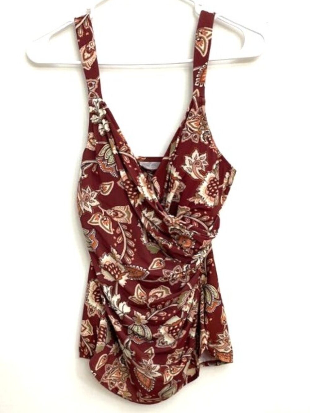 Lands' End Swimsuit Women’s Sz 8 V-Neck Faux Wrap One Piece Rust Paisley